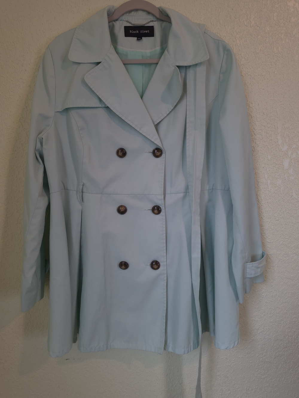 Vntg Women's Black Rivet Double-Breasted Mint Green Trench Coat Rain Jacket  XXL